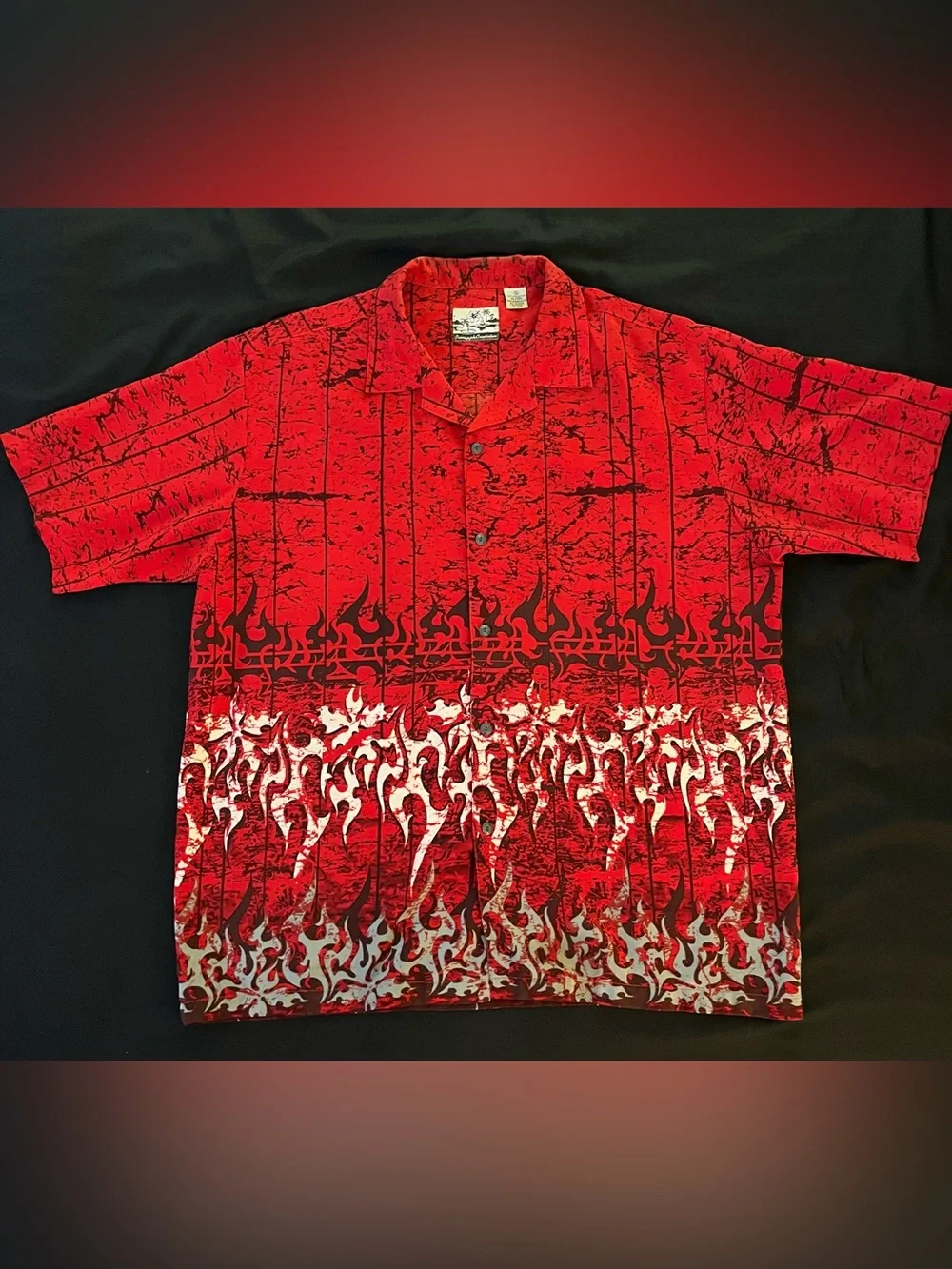 VTG Pineapple Connection Flame Shirt Mens XL Red Tribal Fire All Over Print Y2K